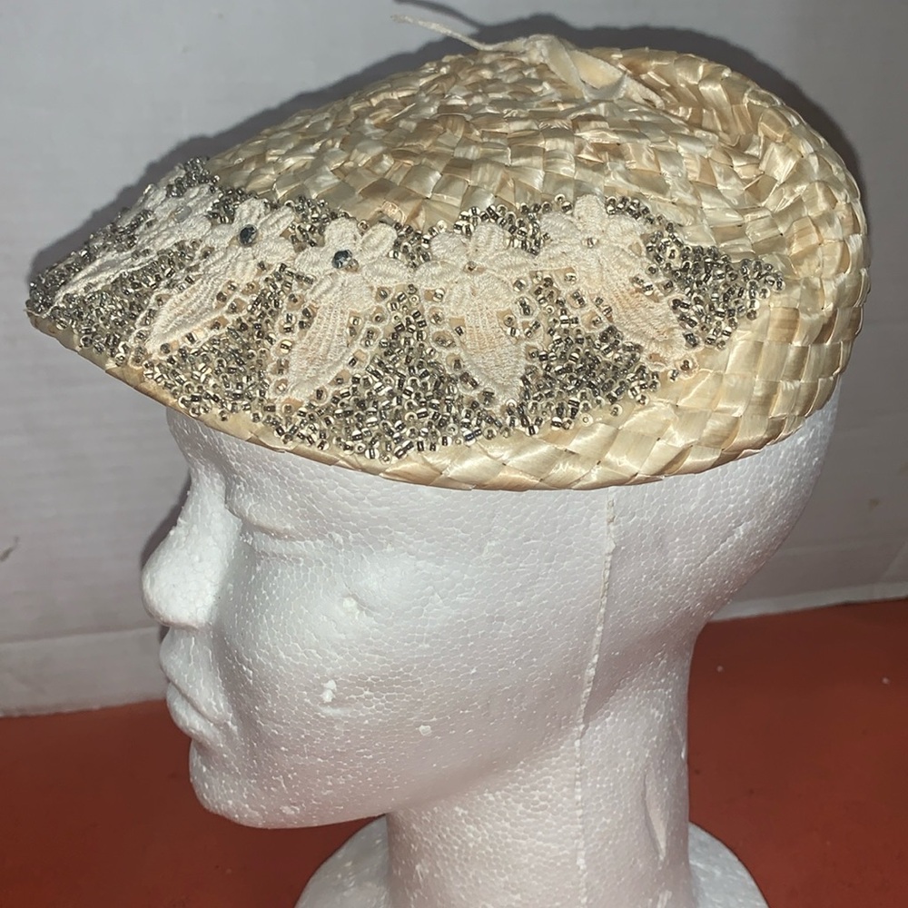Vintage Braided Straw silver micro beaded detail hat